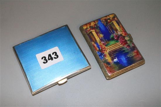 Silver and blue enamel cigarette case and one other decorated with swan in lake